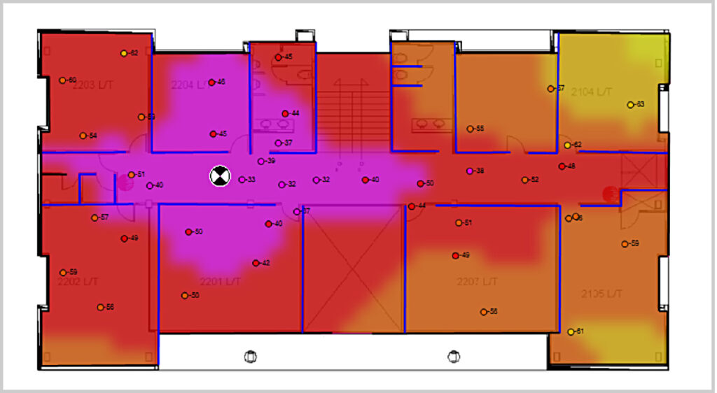 Figure 34:
Predicted and measured CW coverage
in Building 2, Level 3.