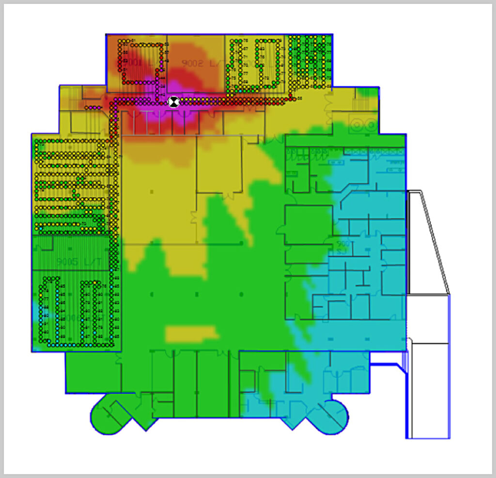 Figure 36:
Predicted and measured CW coverage
in Building 9, Level 3.