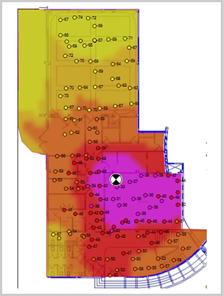 Figure 38:
Predicted and measured CW coverage
in Building 10, Level 1.