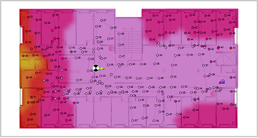 Figure 40:
Predicted and measured CW coverage
in Building 2, Level 3.