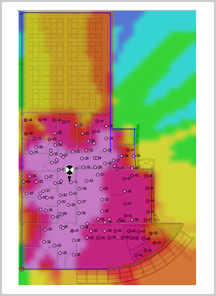 Figure 43:
Predicted and measured CW coverage
in Building 10, Level 2.